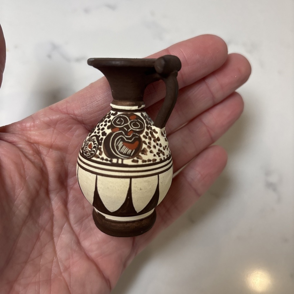 Miniature Greek Hand Painted Réplica Vase Vessel Greek Pottery Owls‎ 2.5" Brown